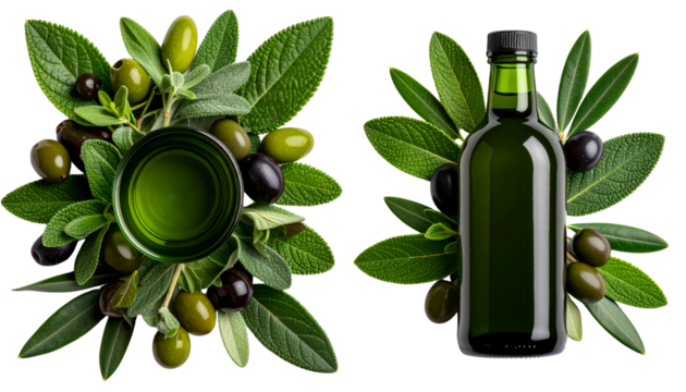  Gourmet Olive Oil Set with Olives and Green Leaves, isolated on transparent background