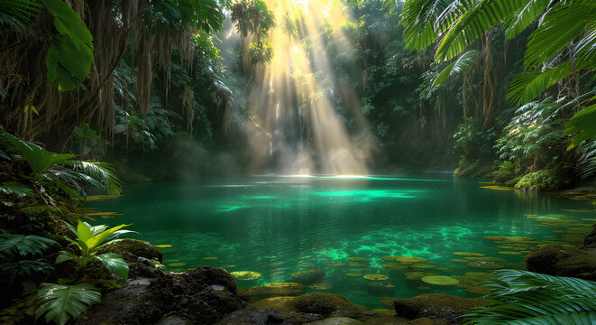 Majestic Tropical Jungle Lagoon With Emerald Green Water and Radiant Sun Rays Shining Through Dense Forest Canopy Creating Stunning High Detail Nature Scene.