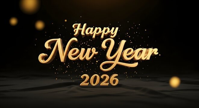 Elegant golden happy new year 2026 text with sparkling confetti and bokeh lights on dark background