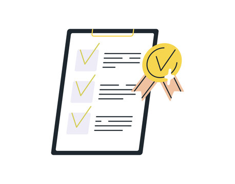 Checklist document with approved marks and gold ribbon representing success, validation, task completion, and certified performance report concept flat vector illustration.