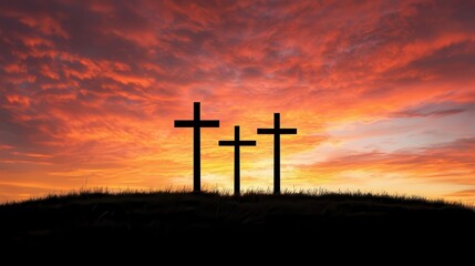 Three crosses stand solemnly on a hilltop their stark silhouettes contrasting against the fiery vibrant sunset sky