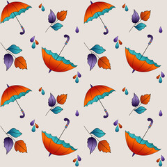 Colorful seamless pattern with umbrellas, leaves, and raindrops on warm beige background. Cozy fall design for fabric, packaging, wallpaper, and seasonal projects