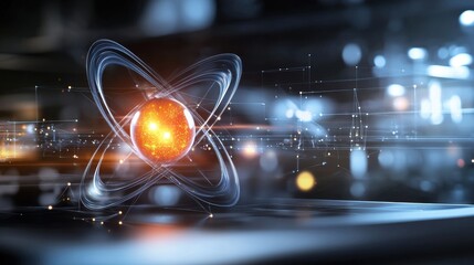 Visually striking atom model surrounded by swirling energy particles