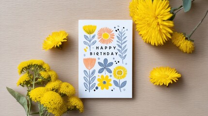 Greeting Card Mockup with Joyful Birthday Design and Flowers