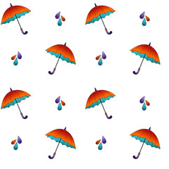 Bright seamless pattern with colorful umbrellas and raindrops on white background. Cozy autumn design for fabric, packaging, wallpaper, and seasonal decor.
