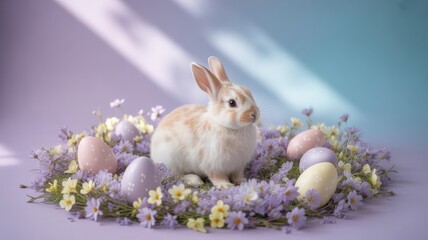 Fototapeta premium Cute easter bunny surrounded by pastel eggs and spring flowers