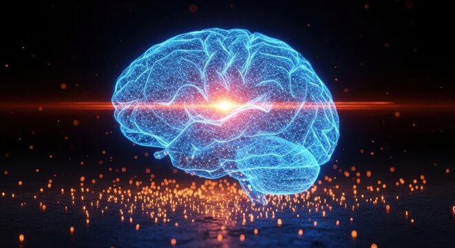 Artificial Intelligence Brain: Glowing Blue Human Brain Wireframe with Data Nodes and Particle Effects for Machine Learning and Digital Consciousness