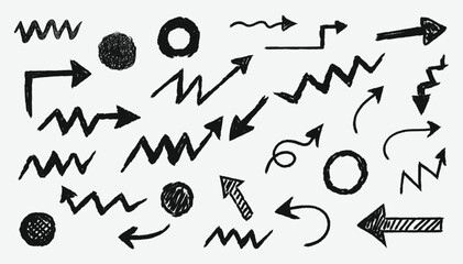 Scribble arrow set with wax crayon and chalk textures. Handwritten direction icons and swirl pointer elements on blackboard background.