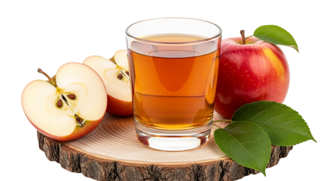 Refreshing apple juice in a glass with fresh apples isolated on transparent background a healthy and delicious drink