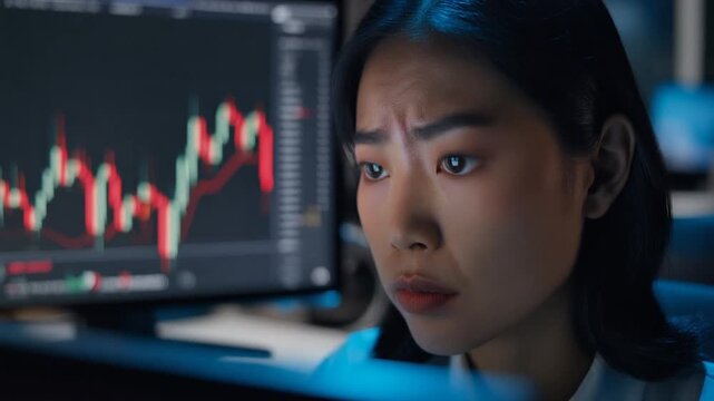 Concentrated East Asian woman financial analyst at Bloomberg terminal