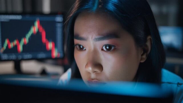Concentrated East Asian woman financial analyst at Bloomberg terminal
