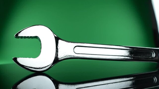Close up of a shiny metal wrench on a reflective green surface.