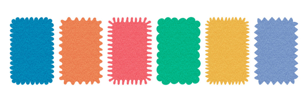 Memphis retro blank frame collection flat vector. Wavy rectangle labels mid century style. Minimal grainy texture retro card templates. Modern retro texture shape set