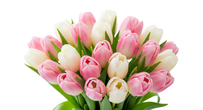 Beautiful bouquet of pink and white tulips isolated on transparent background, perfect for a spring celebration