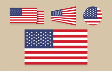 Set of USA Flag Vector Designs. Perfect for Independence Day graphics, patriotic themes, web design, posters, and national celebration projects.