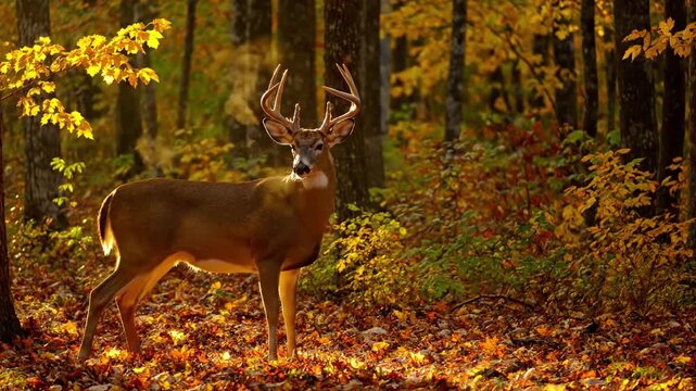 A majestic whitetail deer buck, with an impressive antler rack, standing alertly in a sun dappled autumn forest clearing, observing its natural surroundings.