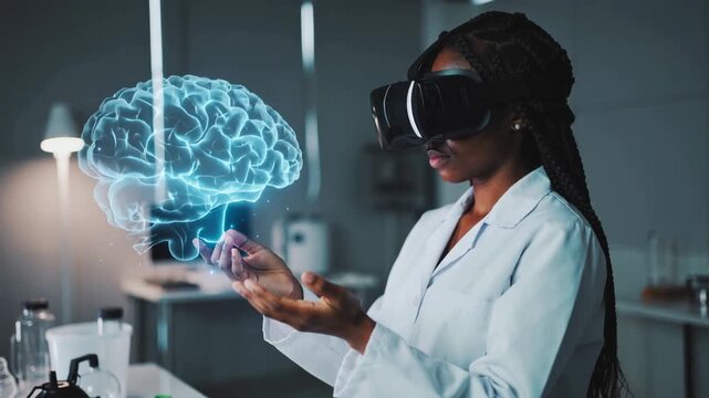 Black female doctor using virtual reality headset to interact with a human brain hologram in a futuristic lab environment, showcasing innovation and advanced medical technology. - Powered by Adobe