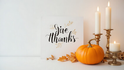 Autumn Thanksgiving Decor with Pumpkin Candles and Thank You Card in Warm Atmosphere