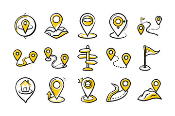 Fototapeta premium Yellow Map and Location Icons Set – GPS, Navigation, and Travel Vector Design
