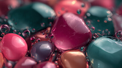 Colorful and glossy candies with bubbles, creating a mesmerizing and playful scene