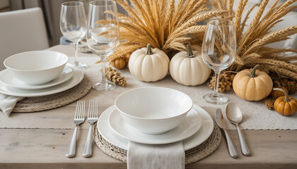 Autumn Thanksgiving Table Setting with White Dishes and Fall Decor
