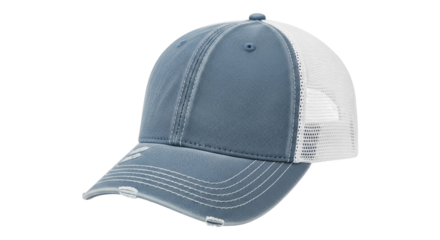 Blue and white trucker hat isolated on transparent background, a stylish and casual headwear for sun protection