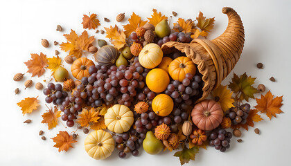Autumn Harvest Fall Decor with Pumpkins Grapes and Leaves on White Background