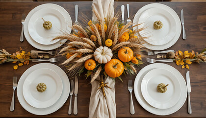 Autumn Harvest Thanksgiving Table Decor with Pumpkins and Dried Wheat in Elegant Setting