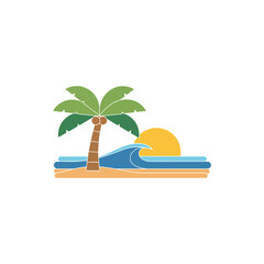 Palm tree stands on sandy beach as waves crash under a bright sun, evoking a sense of tropical relaxation and vacation bliss.