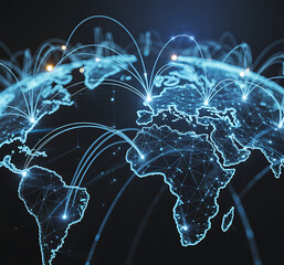 artificial intelligence abstract background, Robot and human hands interacting, Hand holding virtual Global Internet connection,Futuristic cityscape with glowing lines,Modern workspace with computer