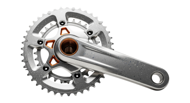 Closeup of a silver bicycle crankset isolated on transparent background, showcasing its intricate design and mechanical components