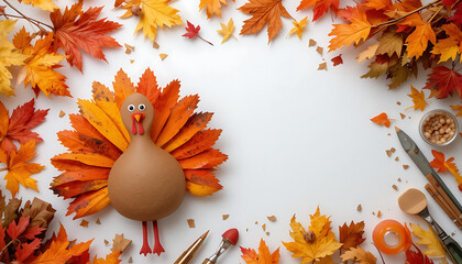 Cute Turkey Craft with Autumn Leaves for Fall Decorations