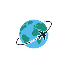 Airplane flies around the globe, symbolizing international travel and global connectivity in a vibrant and modern style.