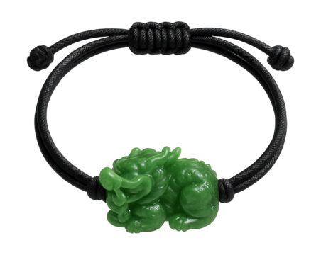 Adjustable cord bracelet with a carved jade dragon charm.