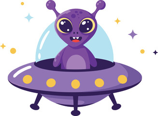 Cute purple alien cartoon in flying UFO spaceship, adorable extraterrestrial character illustration, fun space adventure design for kids and education