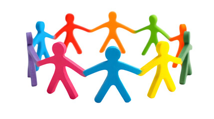 Colorful figures holding hands in a circle isolated on transparent background.