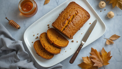 Fresh Pumpkin Bread Slices on White Plate with Honey and Autumn Leaves