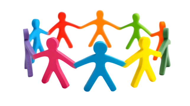 Colorful figures holding hands in a circle isolated on transparent background.