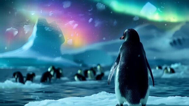 A vivid, digitally rendered penguin in a snowy environment with a radiant aurora borealis in the background. The penguin is depicted in a closeup shot.