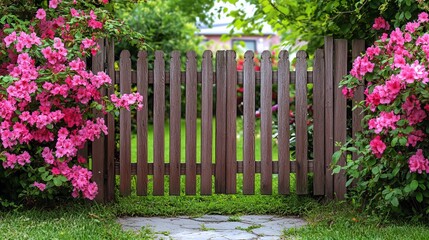 Obraz premium Wooden fence stands with blooming azalea bushes on either side in a green garden setting.