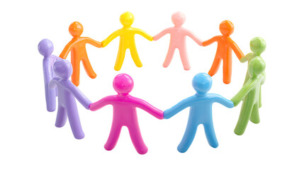 Colorful figurines holding hands in a circle isolated on transparent background.