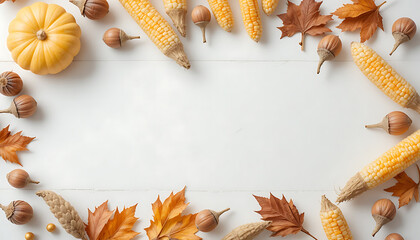 Autumn Corn and Pumpkin Decor Flat Lay with Maple Leaves and Nuts