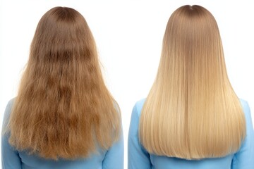 Fototapeta premium Sick, cut and healthy hair care straightening. Back view. Before and after treatment. Keratin. Beautiful long straight hair over a beauty procedure. Lady demonstrating new hair styling. Health of hair