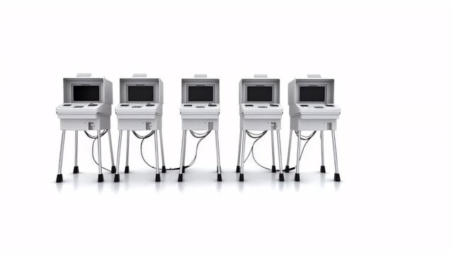 A series of identical, white, portable voting machines lined up against a plain white background. The machines are identical in size and design, with a sleek, modern aesthetic.