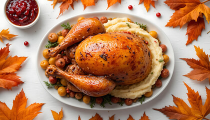 Roast Turkey with Mashed Potatoes and Fall Leaves for Thanksgiving Dinner