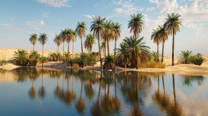 Obraz premium An oasis in the desert with lush palm trees and clear water. A beautiful peaceful island in the desert.