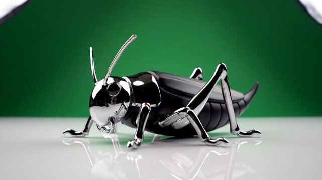 Detailed Close-Up of a Shiny Black Cricket on a Reflective Surface.