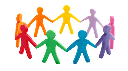 Colorful clay figures holding hands in a circle isolated on transparent background.