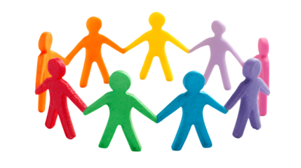 Colorful clay figures holding hands in a circle isolated on transparent background.