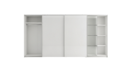 Modern white wardrobe with sliding doors and shelves isolated on transparent background, providing ample storage space